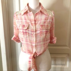 3/$20 Cupid’s Diary sheer plaid front tie blouse